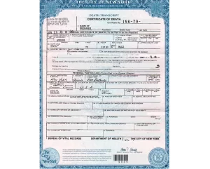 Official Certificate of Death issued in New York City featuring state emblem and registrar details, used for apostille processing