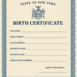 Sample New York State birth certificate used for apostille processing, with official seal, registration fields, and signature line for certifying authority.