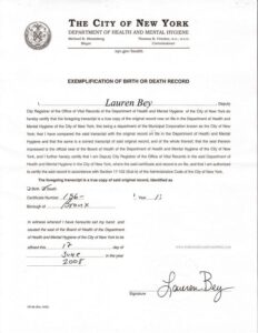 New York exemplification letter for birth or death certificate, required for apostille authentication