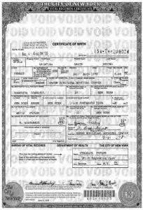 Example of certified NYC birth certificate required for apostille service in Brooklyn, Queens, and all five boroughs of New York City Apostille Near me
