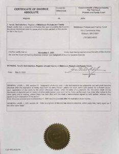 Massachusetts divorce Certificate
